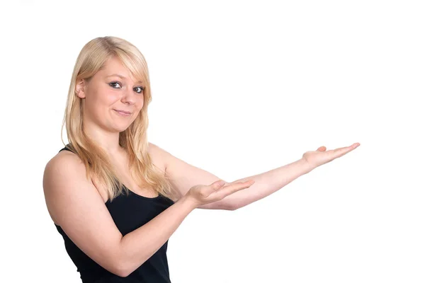 Jonge Blonde Vrouw Wijzend Naar Iets — Stockfoto