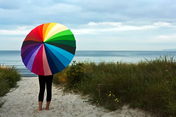woman with a rainbow umbrella on the beach