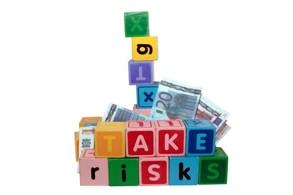 Assorted Childrens Toy Letter Building Blocks White Background Spell Take — Stock Photo, Image