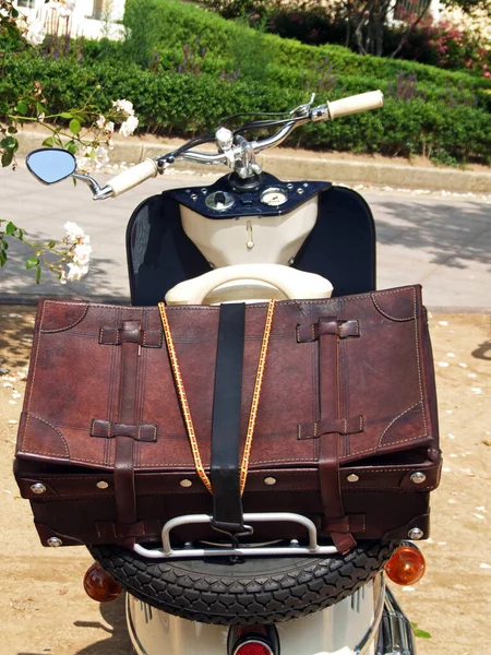 Valise Vintage Avec Scooter Dans Parc — Photo