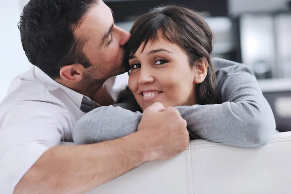 Happy Young Couple Relax Modern Home Living Room Indoor — Stock Photo, Image