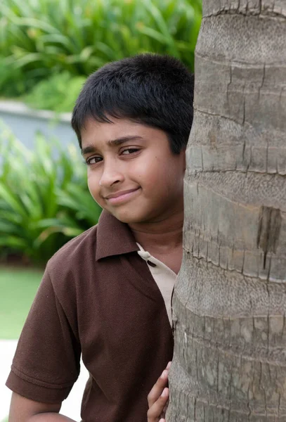 英俊的印度小孩穿过树干偷窥 — 图库照片