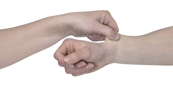 Fotografía Estudio Una Mano Cortando Otra Espalda Blanca — Foto de Stock