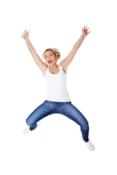 Joven Mujer Caucásica Feliz Saltando Aire Aislado Sobre Fondo Blanco —  Fotos de Stock