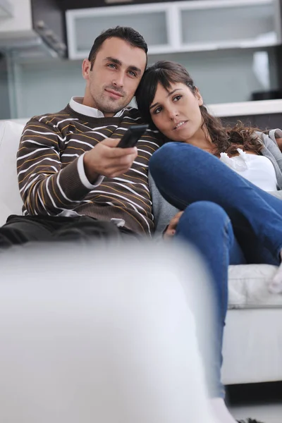 Relaxed Young Couple Watching Home Bright Living Room — Stock Photo, Image