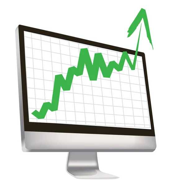 Boom Econômico Com Flecha Verde Irrompe Monitor Computador — Fotografia de Stock
