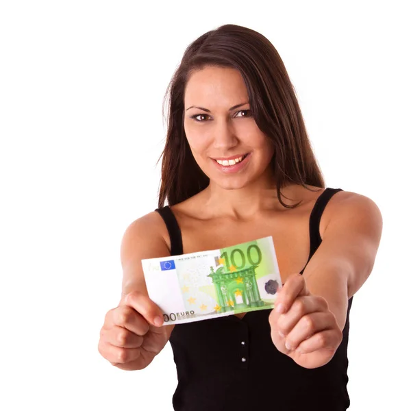 Frau Mit 100 Euro Schein — Stockfoto