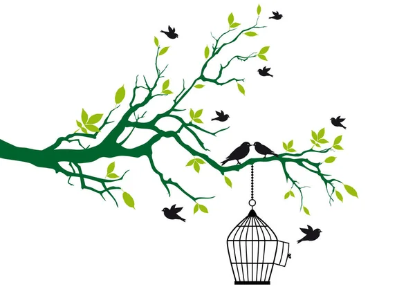 Árbol Primavera Verde Con Jaula Pájaros Besos Ilustración Fondo — Foto de Stock