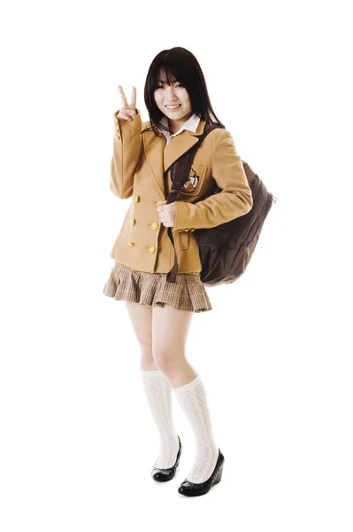 Chinesische Studentin Trägt Einen Rucksack Mit Einem Friedenszeichen Auf Weißem — Stockfoto
