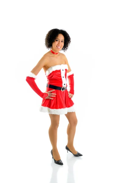 Bela Afro Americana Jovem Mulher Vestido Sexy Santa Traje Isolado — Fotografia de Stock