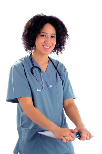 Beautiful Young Female Nurse Standing Holding Clipboard White Background Concept — Stockfoto