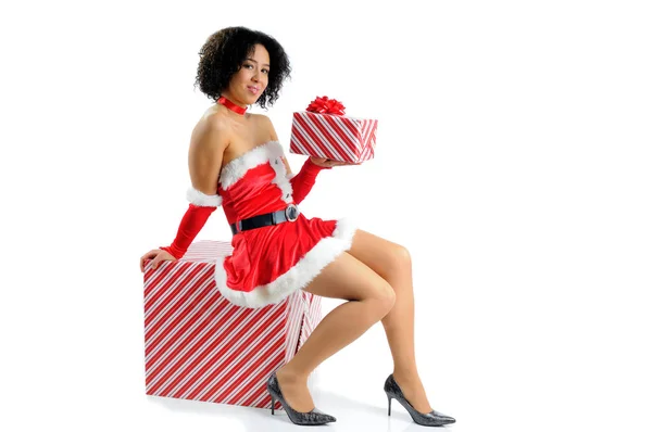 Beautiful African American Young Woman Dressed Sexy Santa Costume Sat — Stock Photo, Image