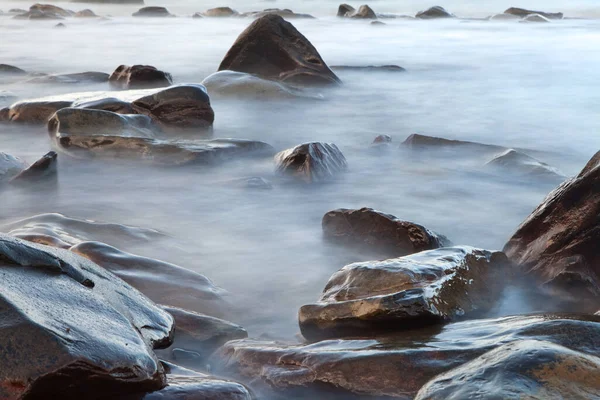 Rocks Stones Blurred Sea Landscape Detail Misty Ocean Result Lng — Stock Photo, Image