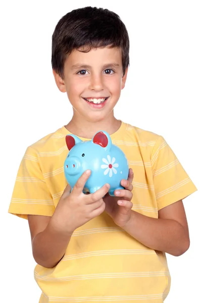 Adorable Niño Con Una Caja Dinero Azul Aislado Sobre Fondo —  Fotos de Stock
