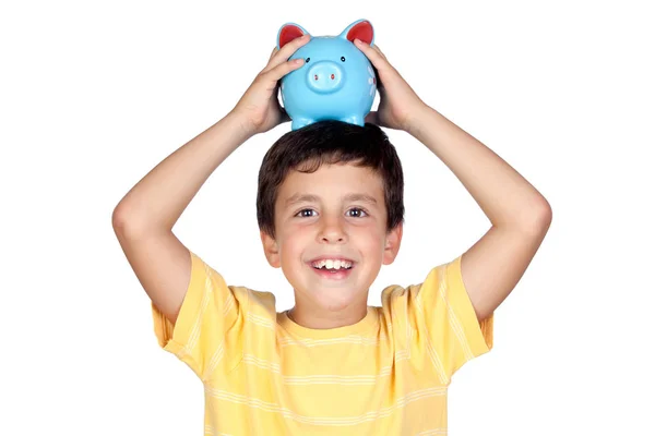 Adorable Niño Con Una Caja Dinero Azul Cabeza Aislado Sobre —  Fotos de Stock