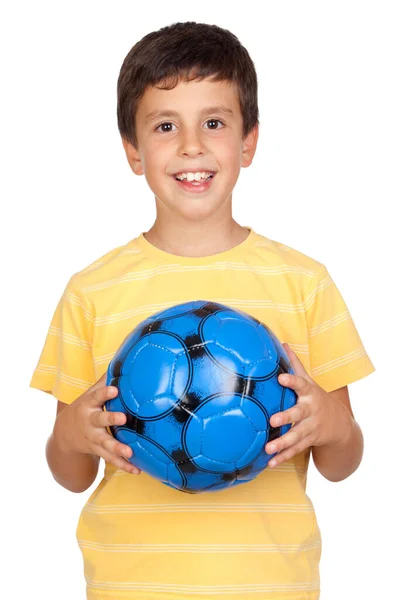 Bedårande Pojke Med Blå Fotboll Isolerad Vit Bakgrund — Stockfoto