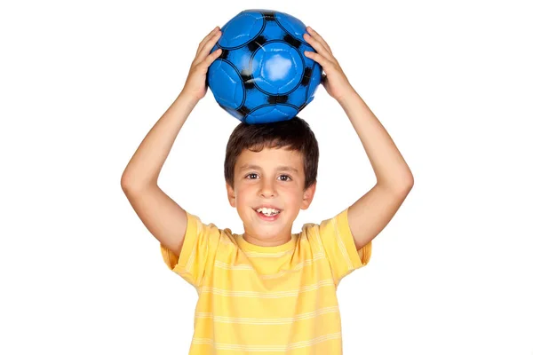 Очаровательный Мальчик Голубым Футбольным Мячом Белом Фоне — стоковое фото