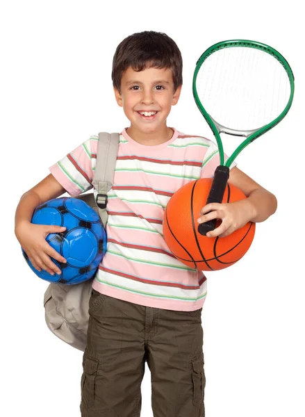 Занятой Ребенок Баскетболом Ракеткой Soccerball Изолированы Белом Фоне — стоковое фото