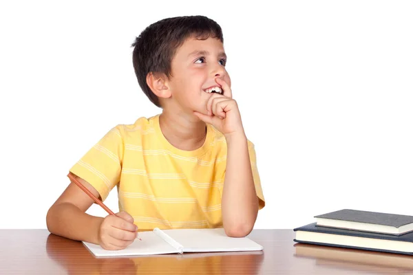 Pensive Student Kind School Geïsoleerd Witte Achtergrond — Stockfoto