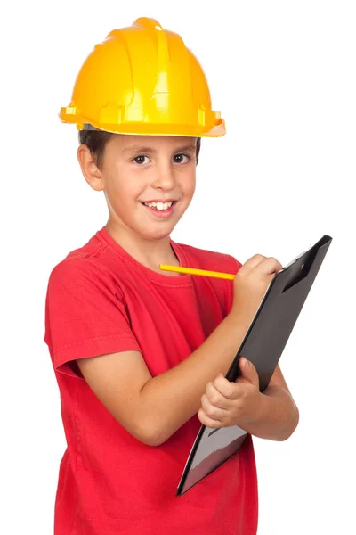 Lustiges Kind Mit Gelbem Helm Auf Weißem Hintergrund — Stockfoto
