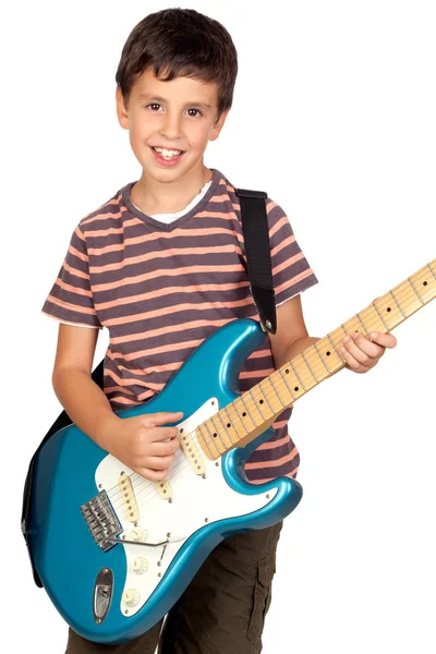 Schöner Junge Mit Gitarre Auf Weißem Hintergrund — Stockfoto