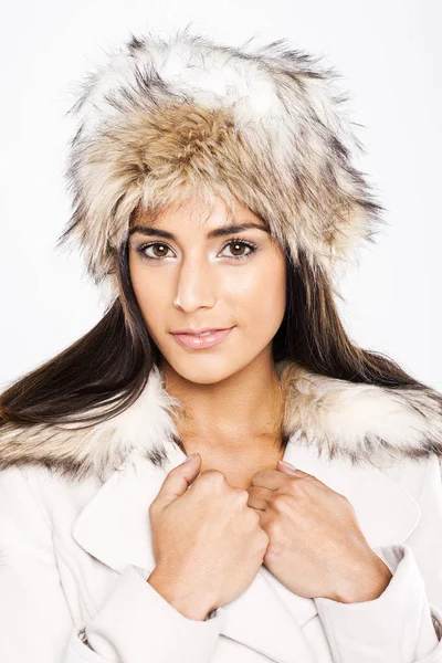 Beautiful Model Coordinated Winter Fashion White Coat Fur Trim Matching Stock Picture