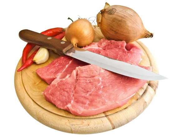 Trozos Carne Con Cuchillo Cocina Algunas Especias —  Fotos de Stock