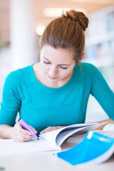 Estudante Universitário Feminino Estudando Uma Biblioteca Dof Rasa — Fotografia de Stock