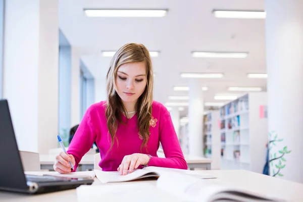 Bibliotece Ładne Kobiece Studenta Laptopa Książek Bibliotece Gimnazjum Stonowanych Kolorów — Zdjęcie stockowe