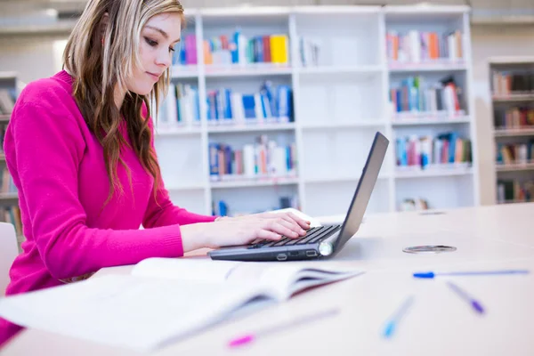 Библиотеке Красивая Студентка Работающая Ноутбуке Библиотеке Колледжа Средней Школы Цветное — стоковое фото