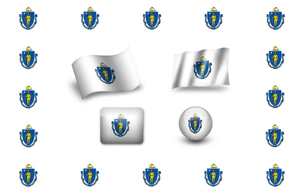 Massachusetts State Flag America Icon Set Flags Frame — Stock Photo, Image