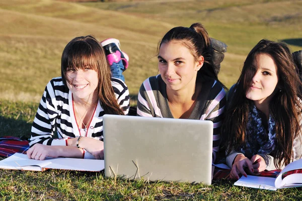 Genç Kız Kadın Açık Grup Eğlenceli Ödev Dizüstü Bilgisayar Üzerinde — Stok fotoğraf