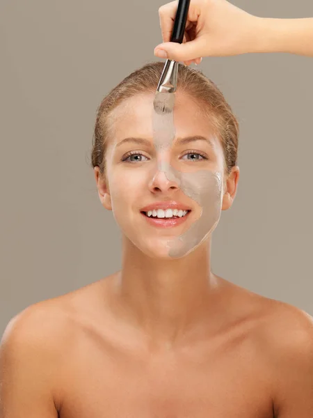Closeup Beauty Portrait Beautiful Blonde Woman Applying Facial Mud Mask — Stock Photo, Image