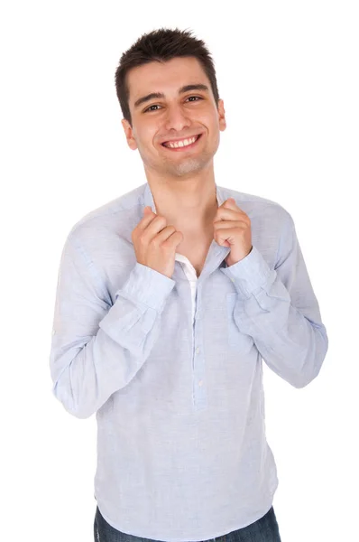 Sorridente Jovem Casual Homem Posando Isolado Fundo Branco — Fotografia de Stock