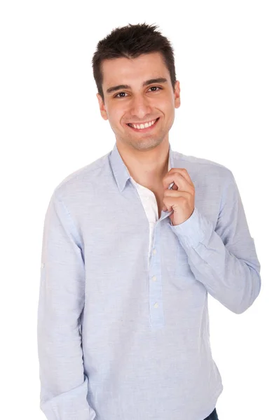 Smiling Young Casual Man Posing Isolated White Background — Stock Photo, Image