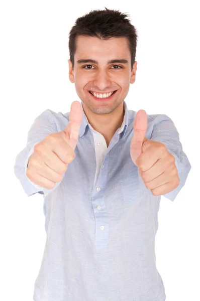 Smiling Young Casual Man Showing Thumbs Sign Terisolasi Latar Belakang — Stok Foto