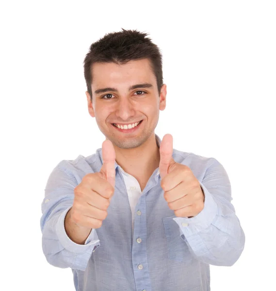 Sorrindo Jovem Casual Homem Mostrando Polegares Para Cima Sinal Isolado — Fotografia de Stock