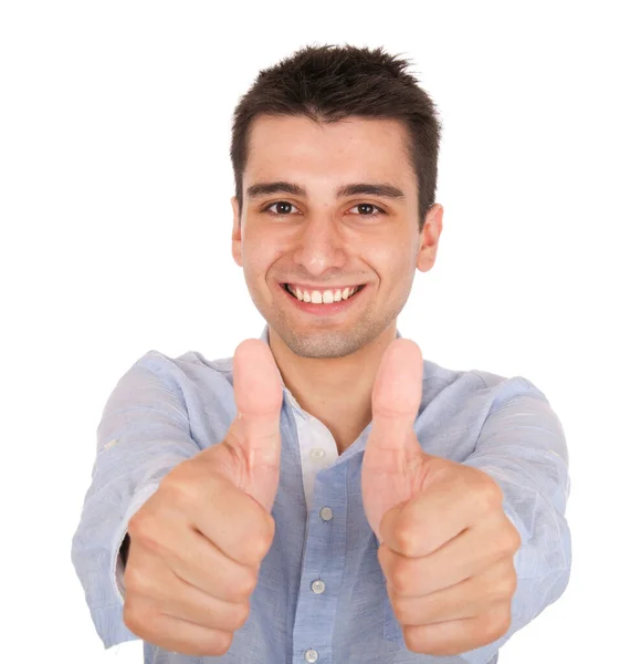 Sorrindo Jovem Casual Homem Mostrando Polegares Para Cima Sinal Isolado — Fotografia de Stock