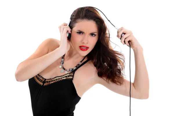 Sexy Mujer Con Auriculares Mueca — Foto de Stock