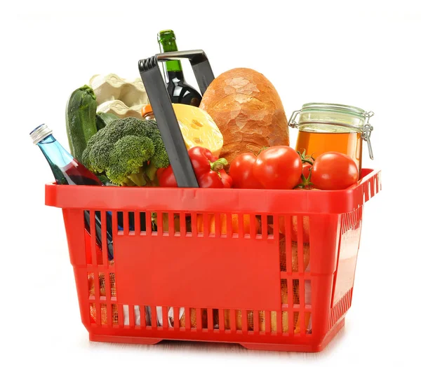 Composition Shopping Basket Groceries Isolated White — Stock Photo, Image