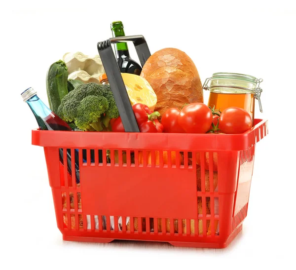 Composition Avec Panier Épicerie Isolée Sur Blanc — Photo