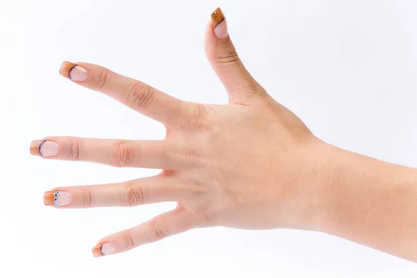 Schöne Weibliche Gepflegte Bunte Fingernägel Vor Weißem Hintergrund — Stockfoto