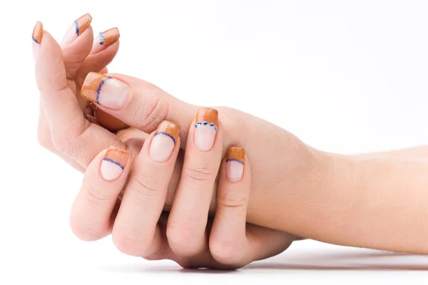 Bella Femmina Manicure Unghie Colorate Uno Sfondo Bianco — Foto Stock