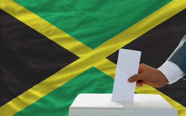 Man Putting Ballot Box Elections Jamaica Fornt Flag — Stock Photo, Image