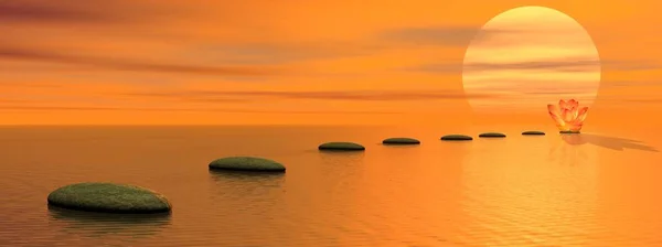 Orange Chakra Grå Stenar Steg Havet Och Till Lilja Blomma — Stockfoto