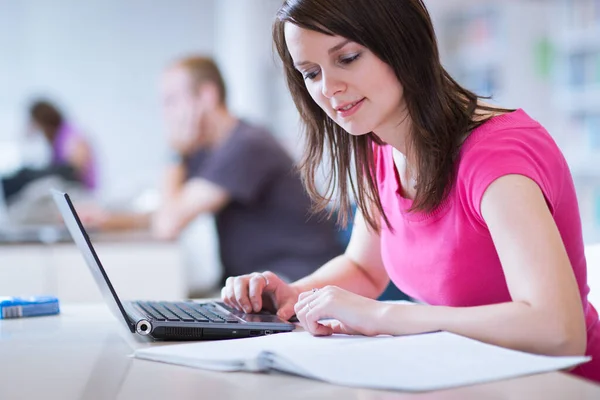 Library Pretty Female Student Laptop Books Working College University High — Stock Photo, Image