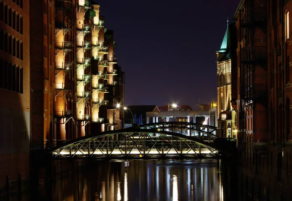 Speicherstadt Αμβούργο Νύχτα — Φωτογραφία Αρχείου