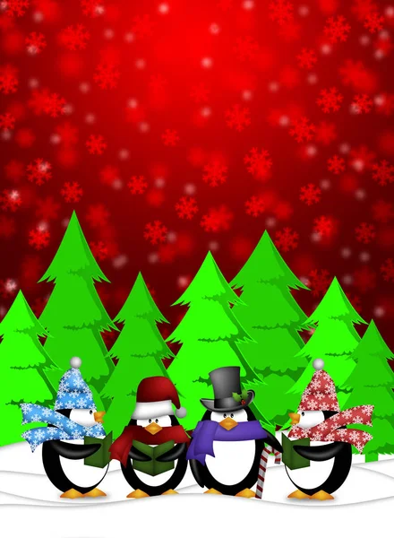 Pingwiny Kolędnicy Śpiewają Piosenki Świąteczne Snowing Winter Scene Ilustracja Czerwonym — Zdjęcie stockowe
