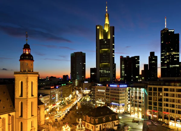 Horizonte Frankfurt Anoitecer Perto Hauptwache Hessen Alemanha — Fotografia de Stock