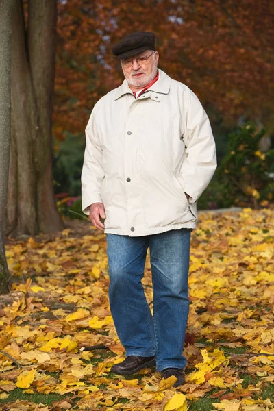 Senior Man Promenader Höstskogen — Stockfoto